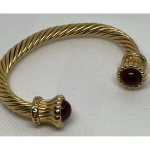 Cable Cuff Bracelet Twisted Gold Tone Ruby Colored End Caps High End Designer